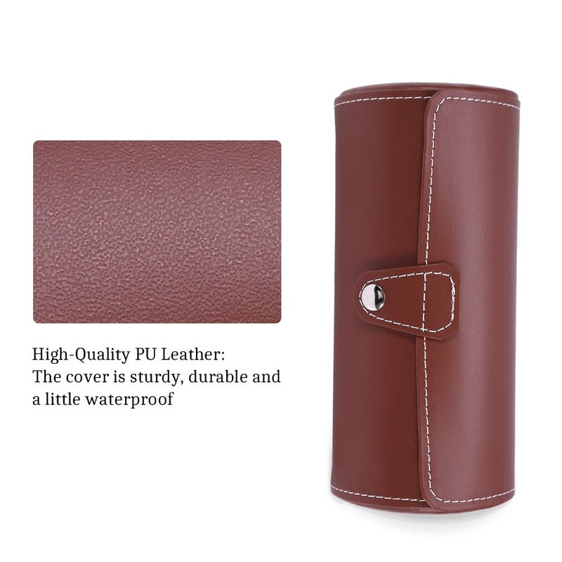 ZJchao Watch Box for Men, 3 Grids Cylinder Roll Holder Wristwatch Jewelry Gift Storage Display Case (Brown) - Image 5